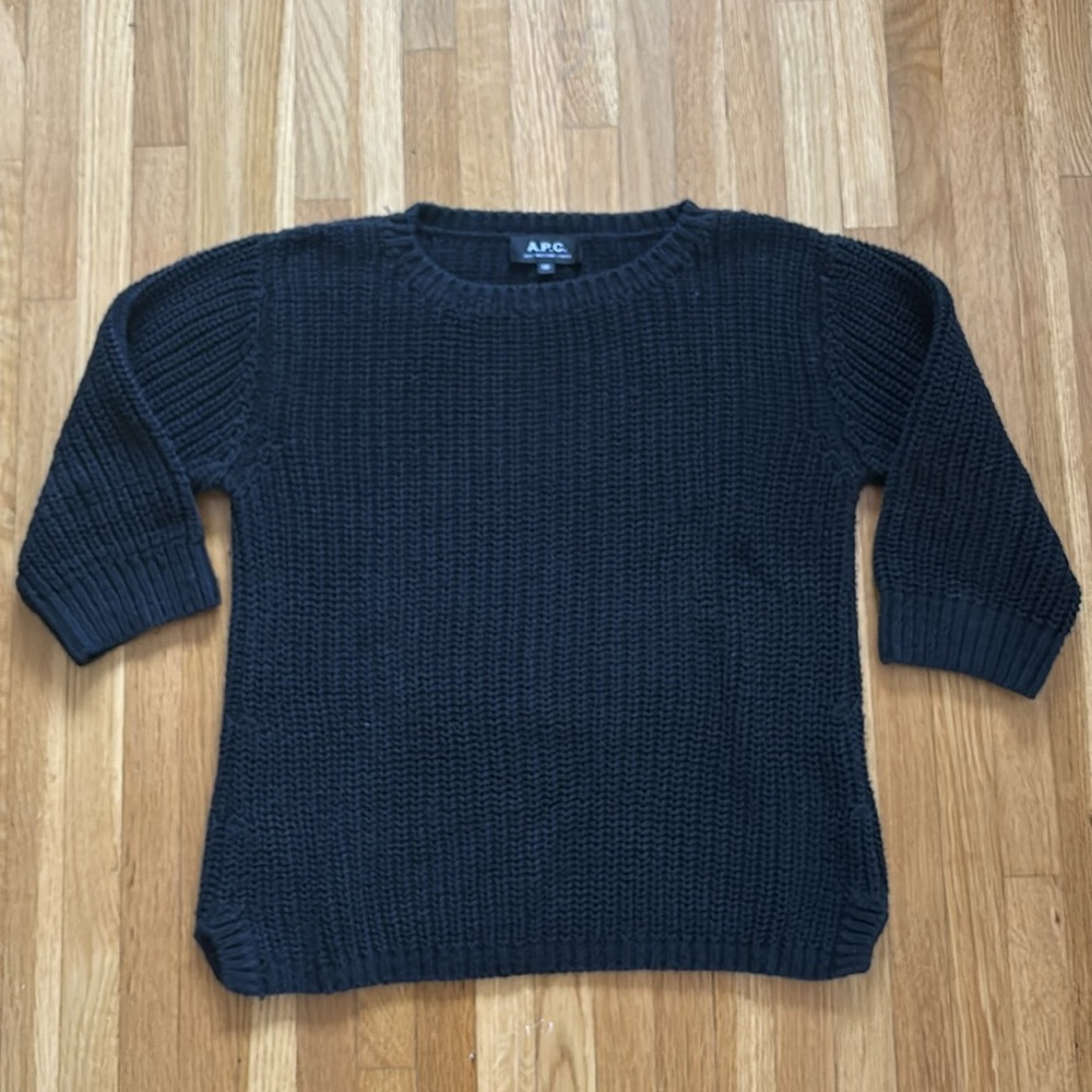 A.P.C 100% Cotton Black Knit 3/4 Sleeve Crewneck Sweater, XS